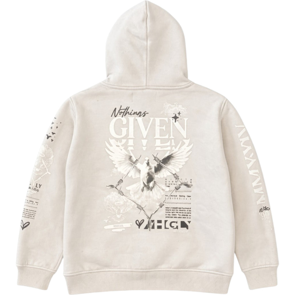 Highly Undrtd Kids 'Given' Hoodie (Cloud) UF5601K Beige hoodie with text and graphic design on a white background