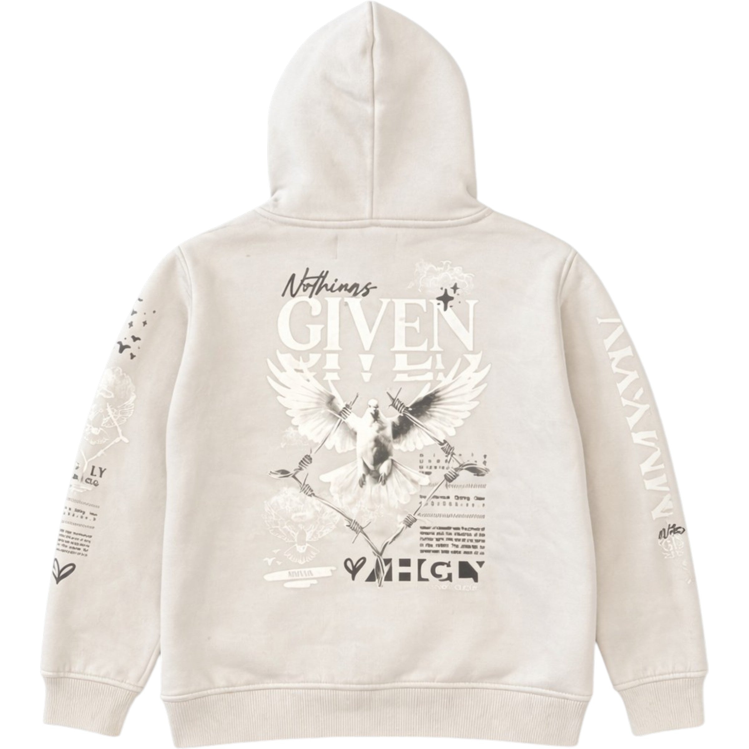 Highly Undrtd Kids 'Given' Hoodie (Cloud) UF5601K Beige hoodie with text and graphic design on a white background