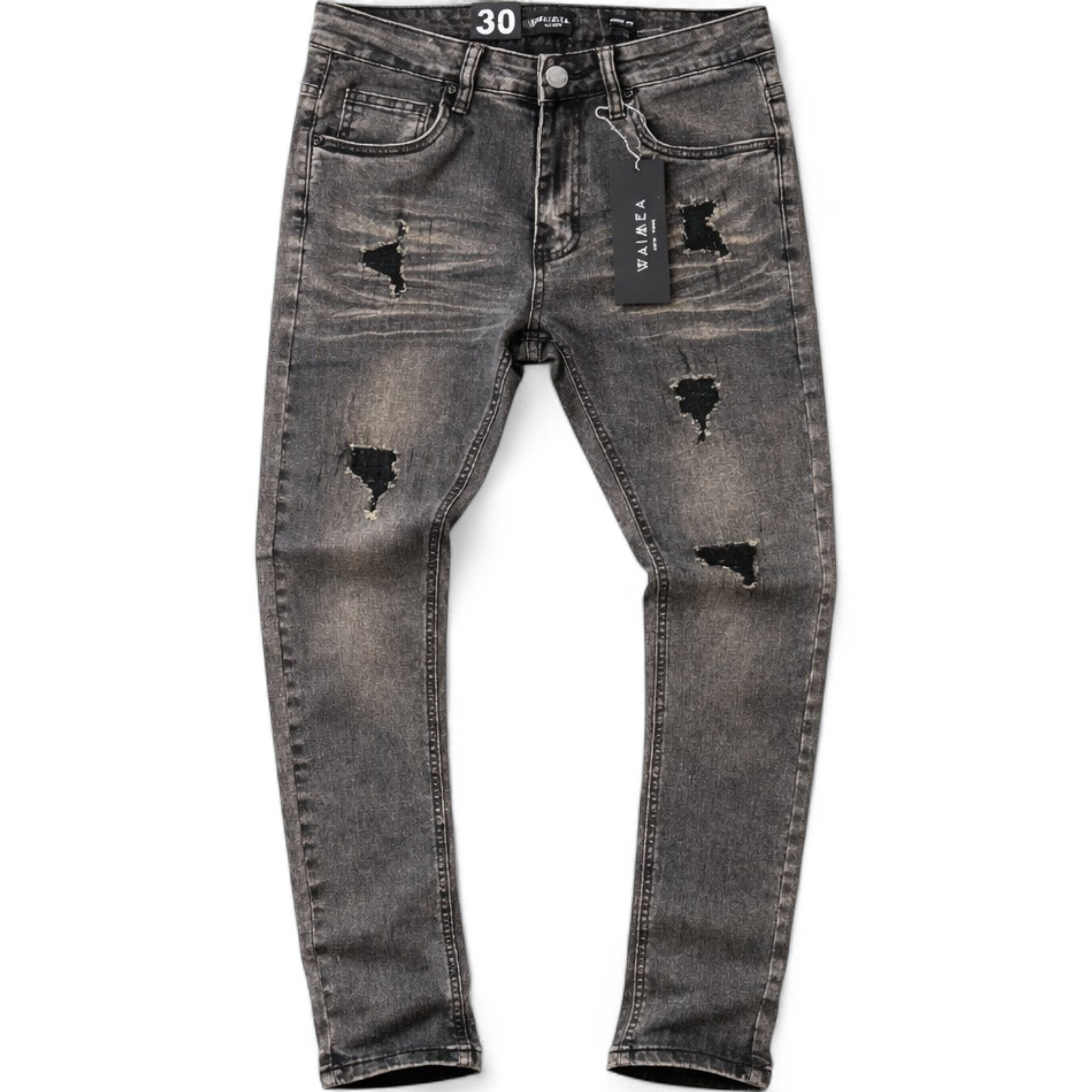 Men's Skinny Fit Plain Rips Denim In Black Wash
