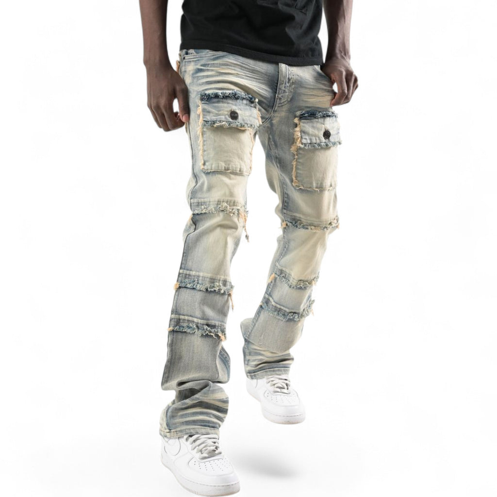 Men's Twill Multi Pockets Stacked Flare Denim In Tint