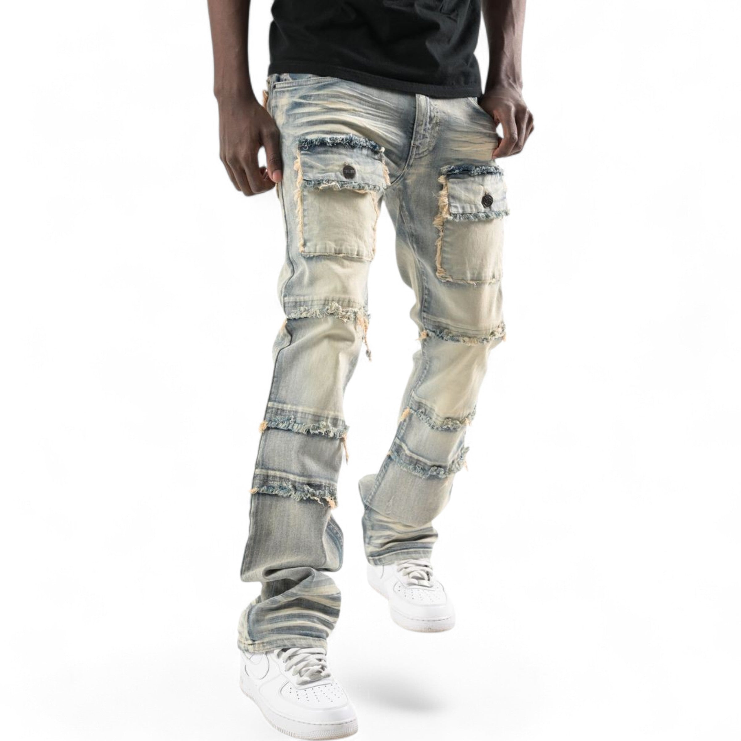 Men's Twill Multi Pockets Stacked Flare Denim In Tint