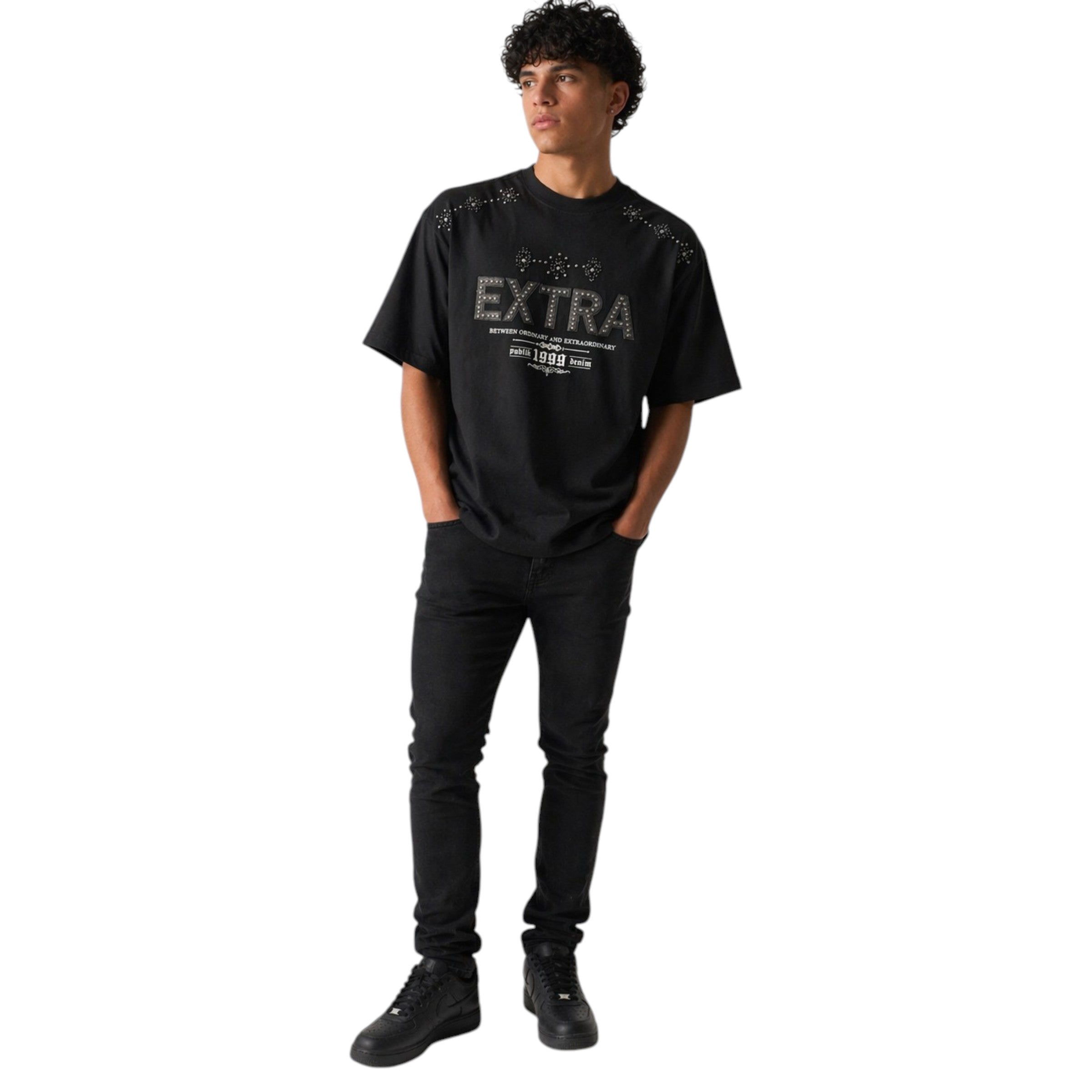 Men's Extra Ordinary Oversized Studded Rhinestones Tee In Black