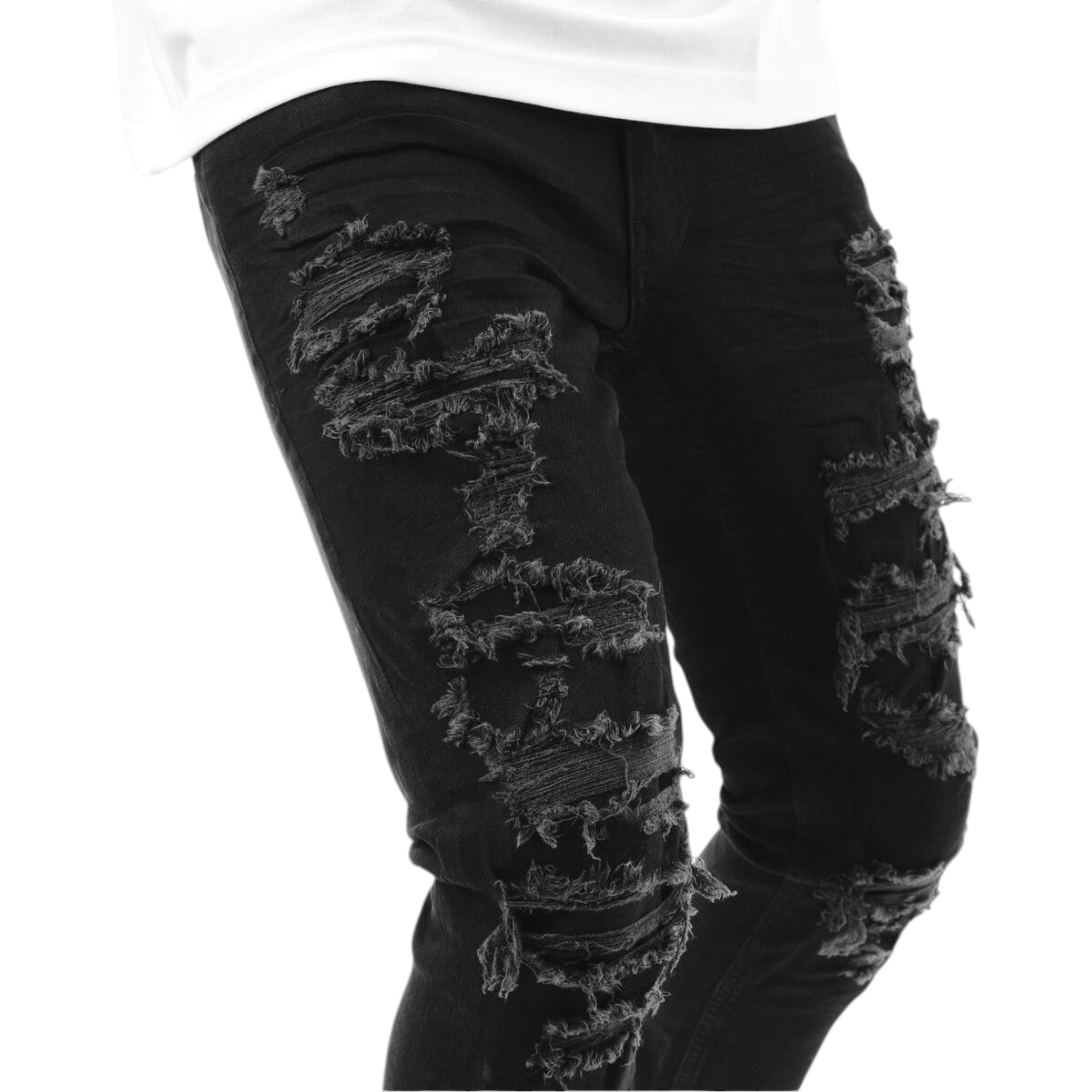 Black distressed jeans on a white background