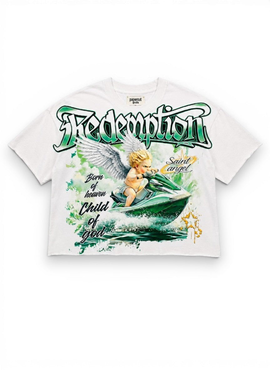 White t-shirt with angel graphic and 'Redemption' text on a white Background By Dubforty.