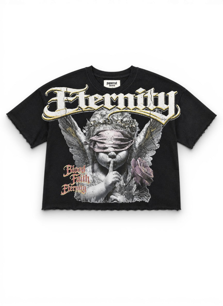 Black t-shirt with graphic design featuring an angel and text on a white background by Dubforty