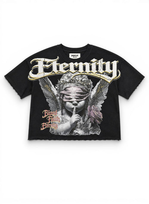 Black t-shirt with graphic design featuring an angel and text on a white background by Dubforty