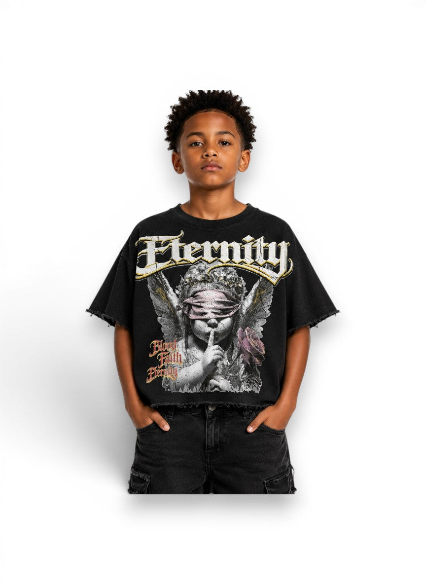 Child wearing a black graphic t-shirt with 'Eternity' design on a white background by Dubforty.