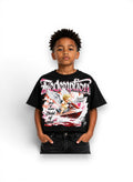 Child wearing a black t-shirt with a graphic design and text on a white background by Dubforty.