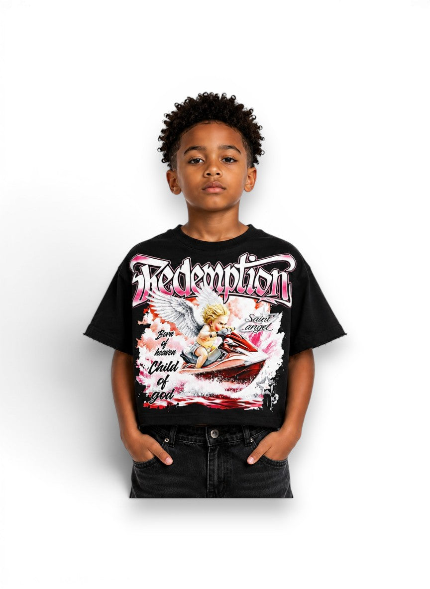 Child wearing a black t-shirt with a graphic design and text on a white background by Dubforty.