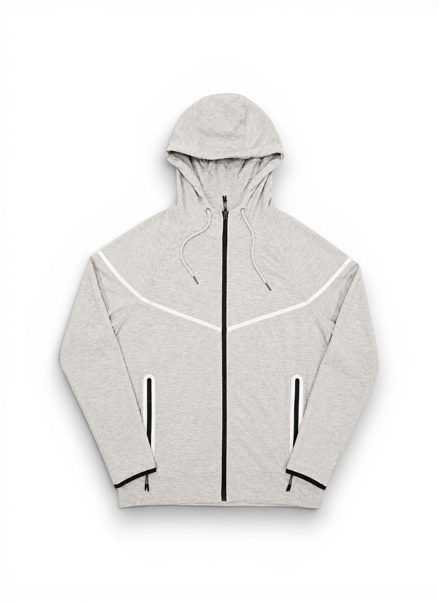 Gray hoodie with black zipper and trim on a white background by Dubforty