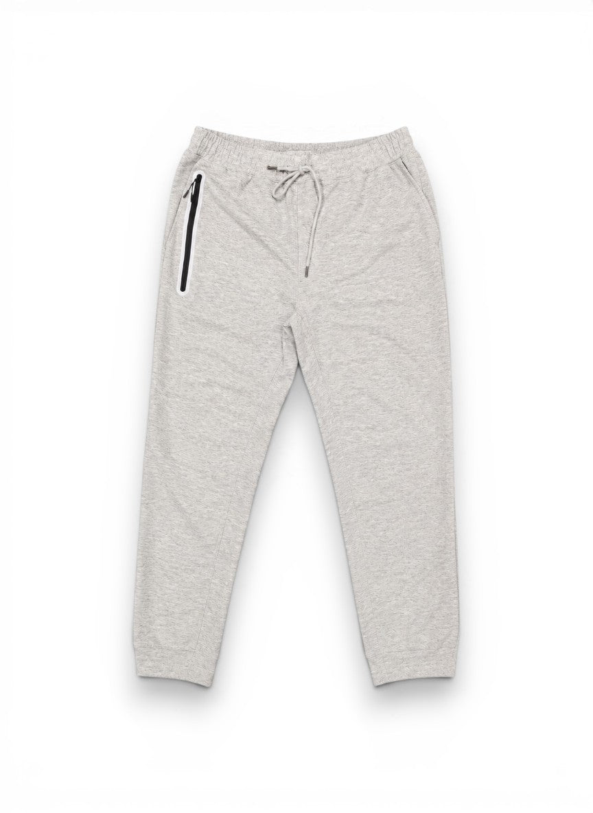 Gray sweatpants with a black zipper on a white background by Dubforty.