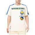 Person wearing a Golden State Warriors t-shirt on a white background