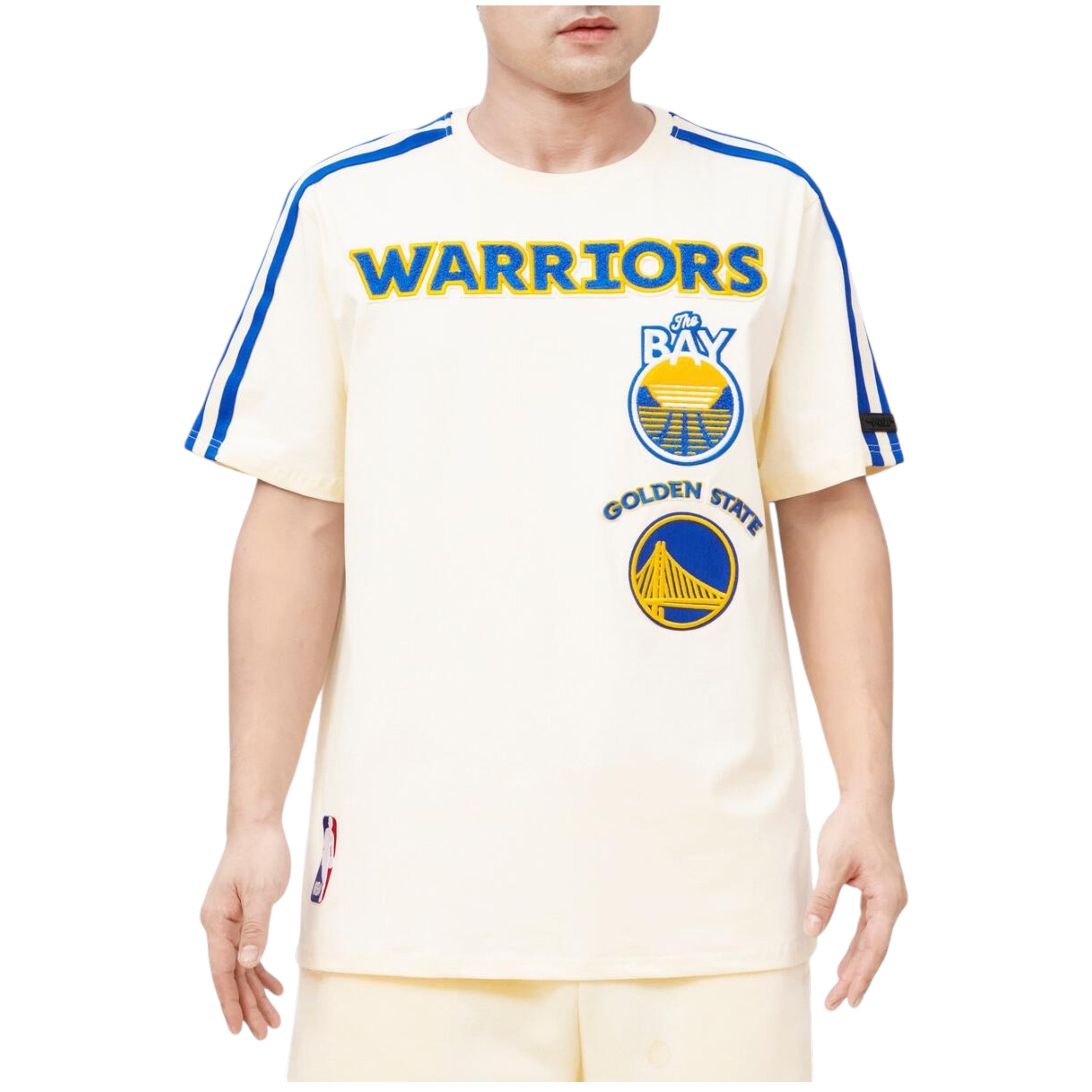 Person wearing a Golden State Warriors t-shirt on a white background