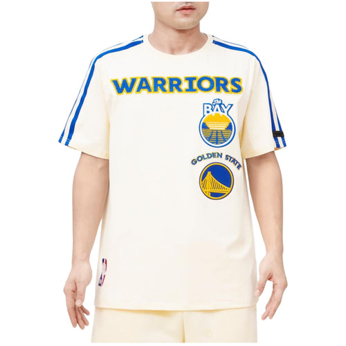 Person wearing a Golden State Warriors t-shirt on a white background