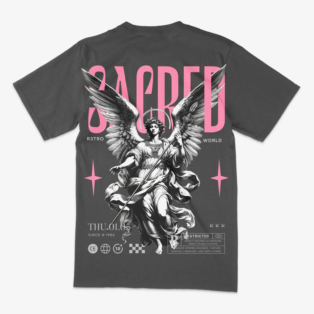 Black t-shirt with angel graphic and 'Sacred' text on a white background vintage tee pink tee grey and pink tee graphic tee