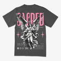 Black t-shirt with angel graphic and 'Sacred' text on a white background vintage tee pink tee grey and pink tee graphic tee