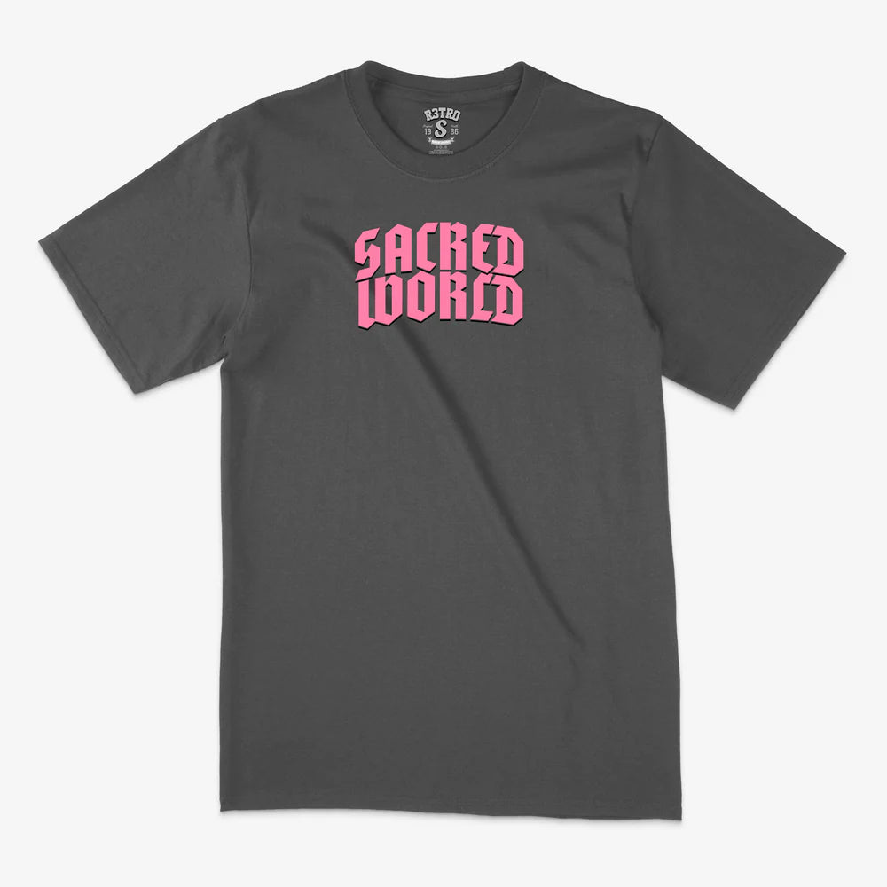 Black t-shirt with angel graphic and 'Sacred' text on a white background vintage tee pink tee grey and pink tee graphic tee