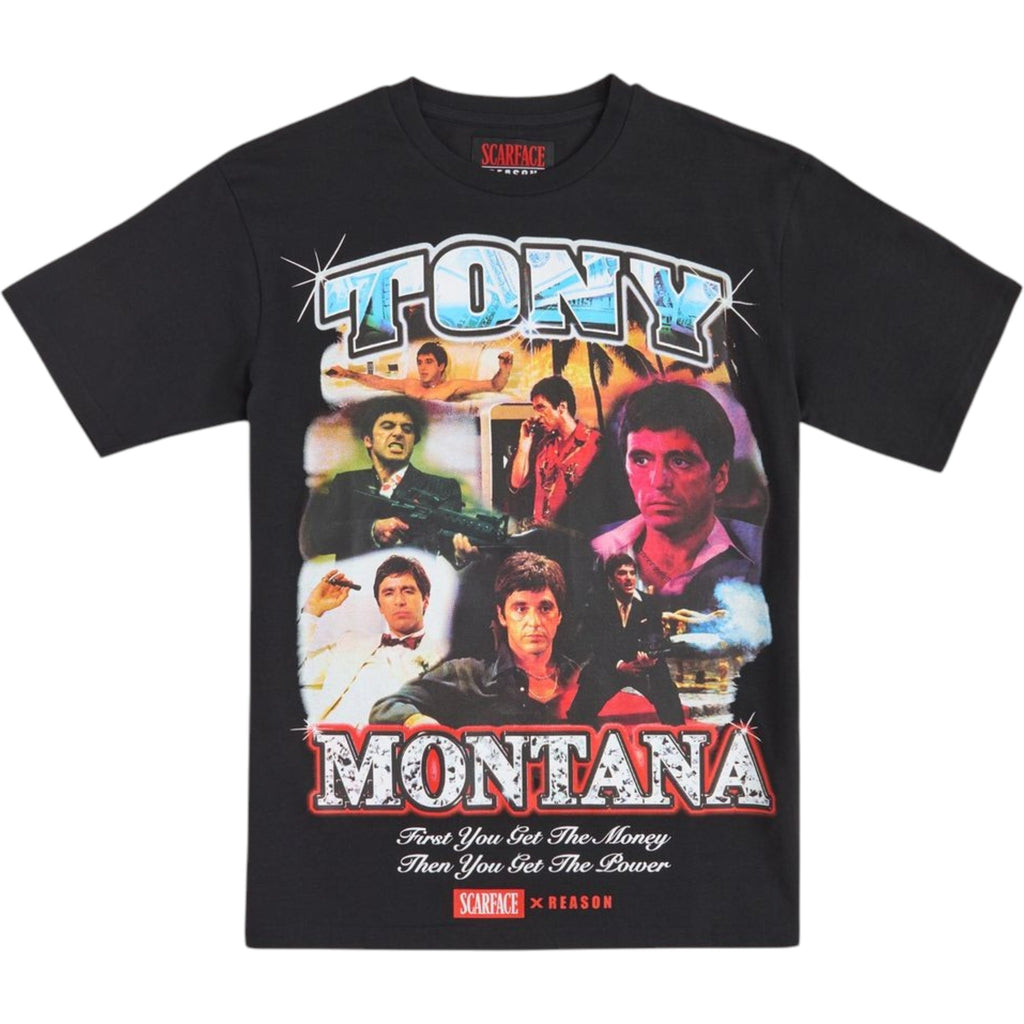 Black t-shirt with Tony Montana graphic design featuring images of a man and text on a white background.