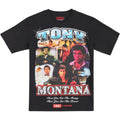 Black t-shirt with Tony Montana graphic design featuring images of a man and text on a white background.