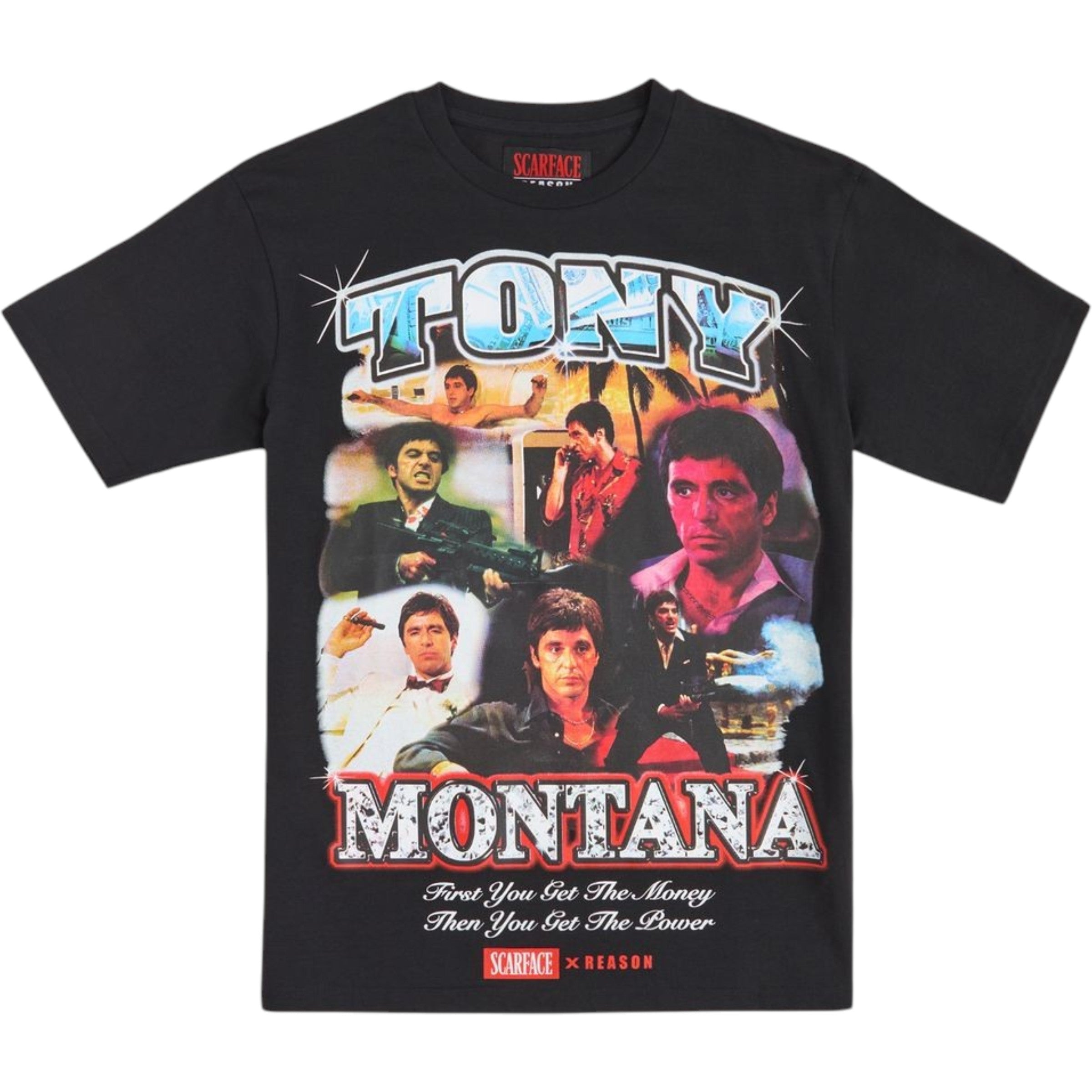 Black t-shirt with Tony Montana graphic design featuring images of a man and text on a white background.