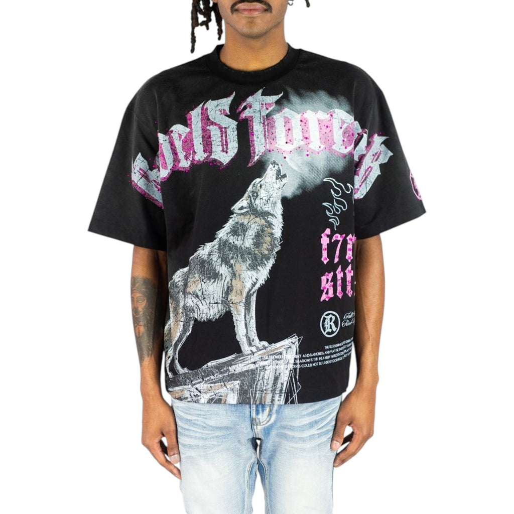 Person wearing a black t-shirt with a wolf graphic and text design.