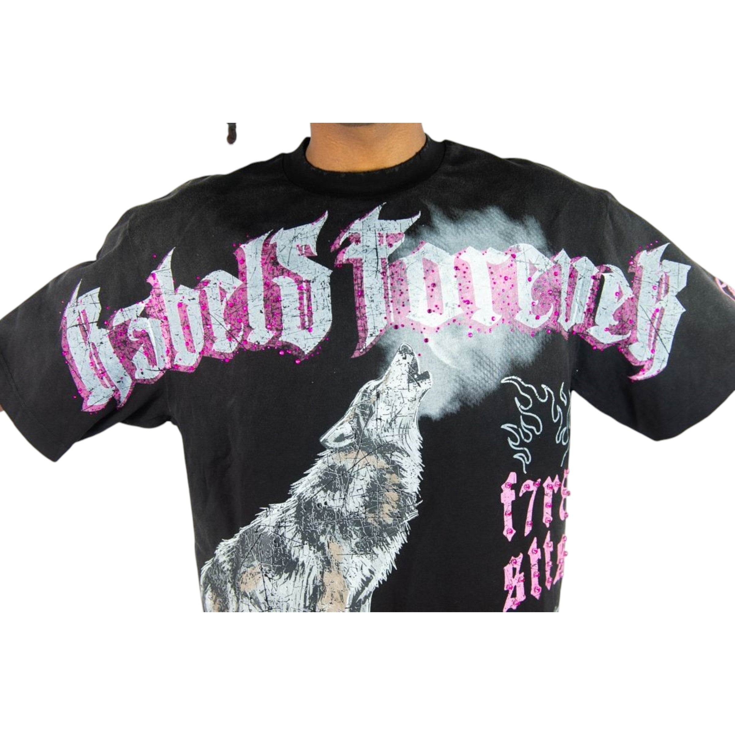 Black t-shirt with a wolf graphic and pink text on a white background