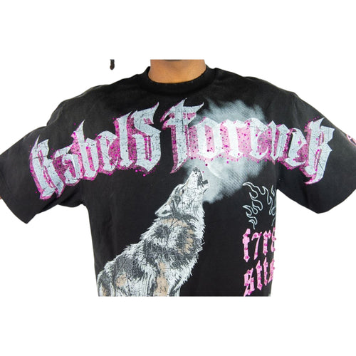 Black t-shirt with a wolf graphic and pink text on a white background