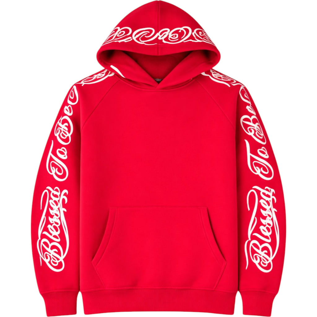 Red hoodie with white text on sleeves against a white background