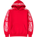 Red hoodie with white text on sleeves against a white background