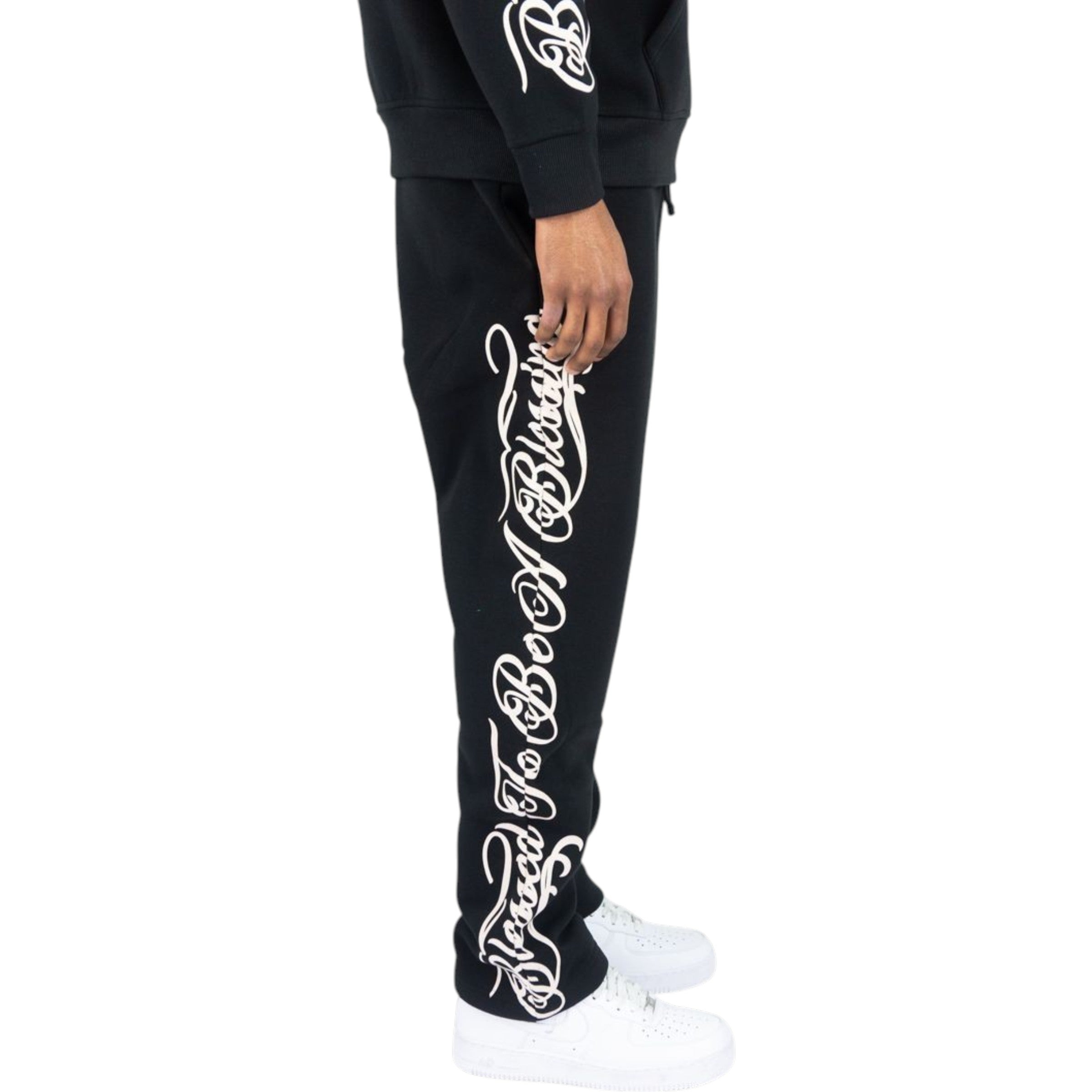 Black sweatpants with white text design on a white background