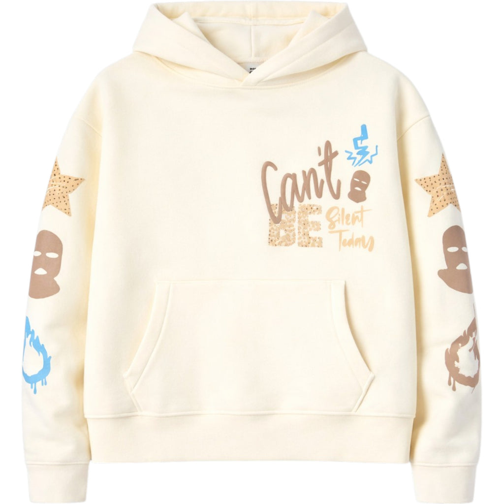Beige hoodie with colorful text and graphics on a white background