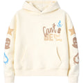 Beige hoodie with colorful text and graphics on a white background