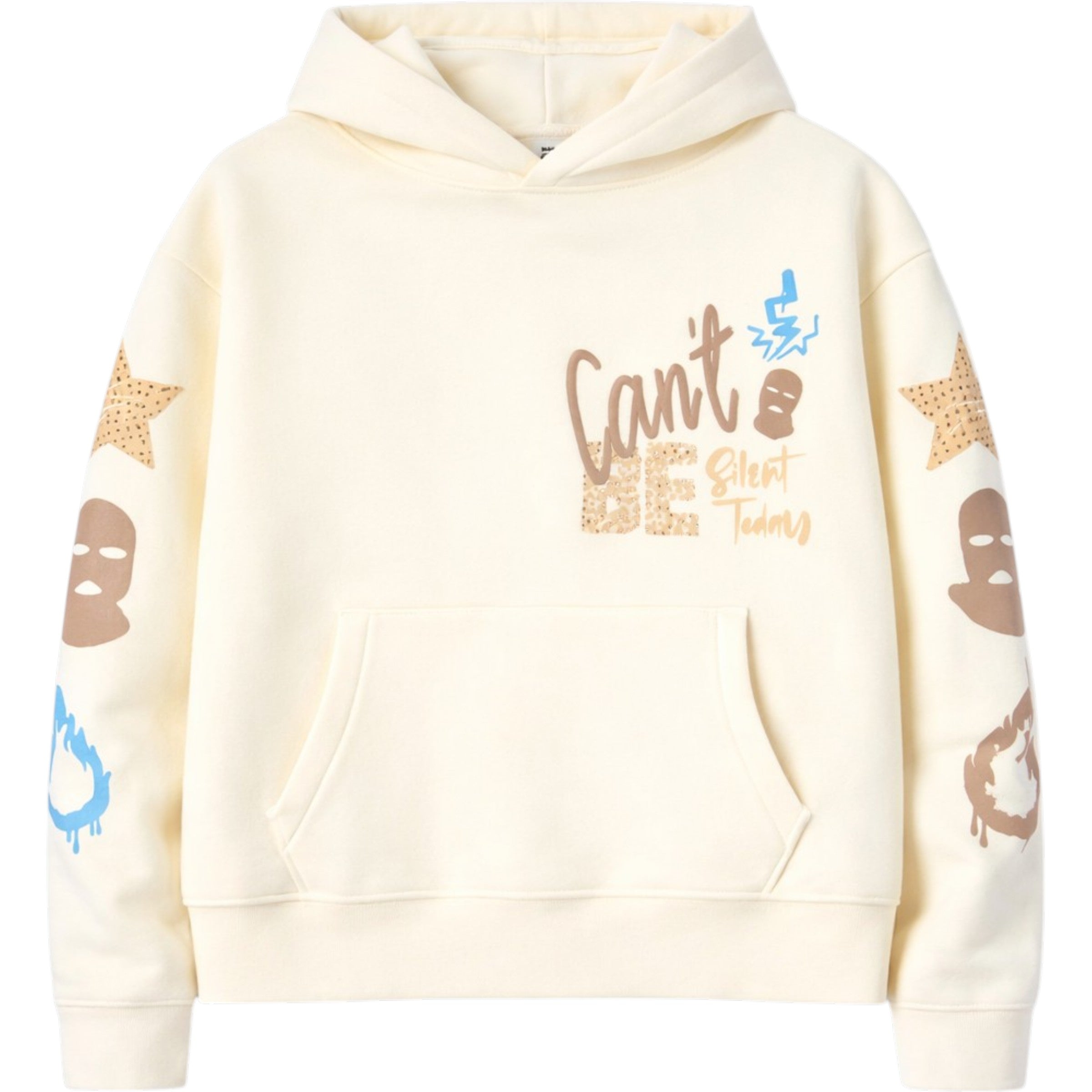Beige hoodie with colorful text and graphics on a white background