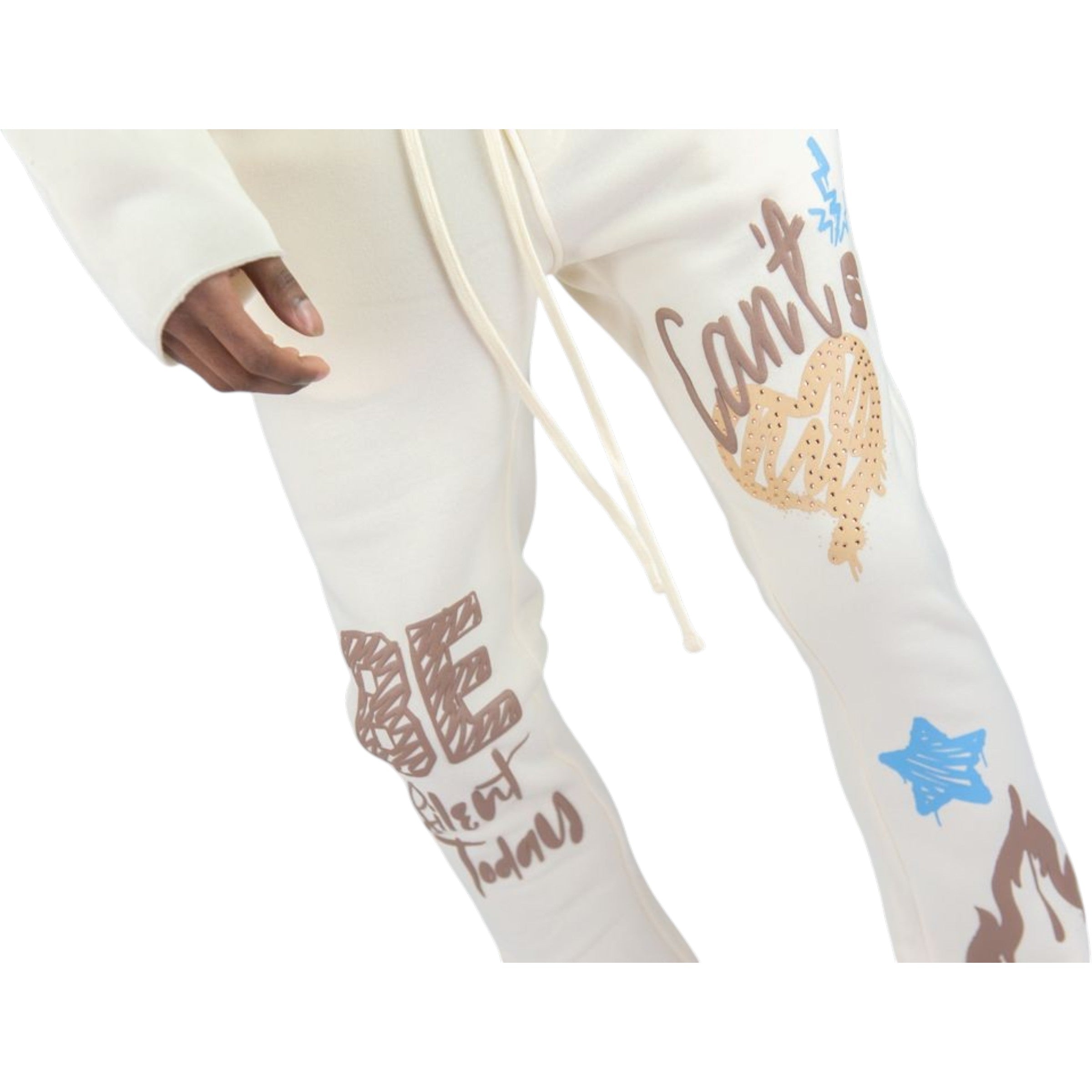 White sweatpants with text and graphics on a white background Rebel Minds 'Can't Be' Stacked Fleece Sweatpants (Cream) 152-417