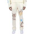 Cream-colored sweatpants with colorful text and graphics on a white background