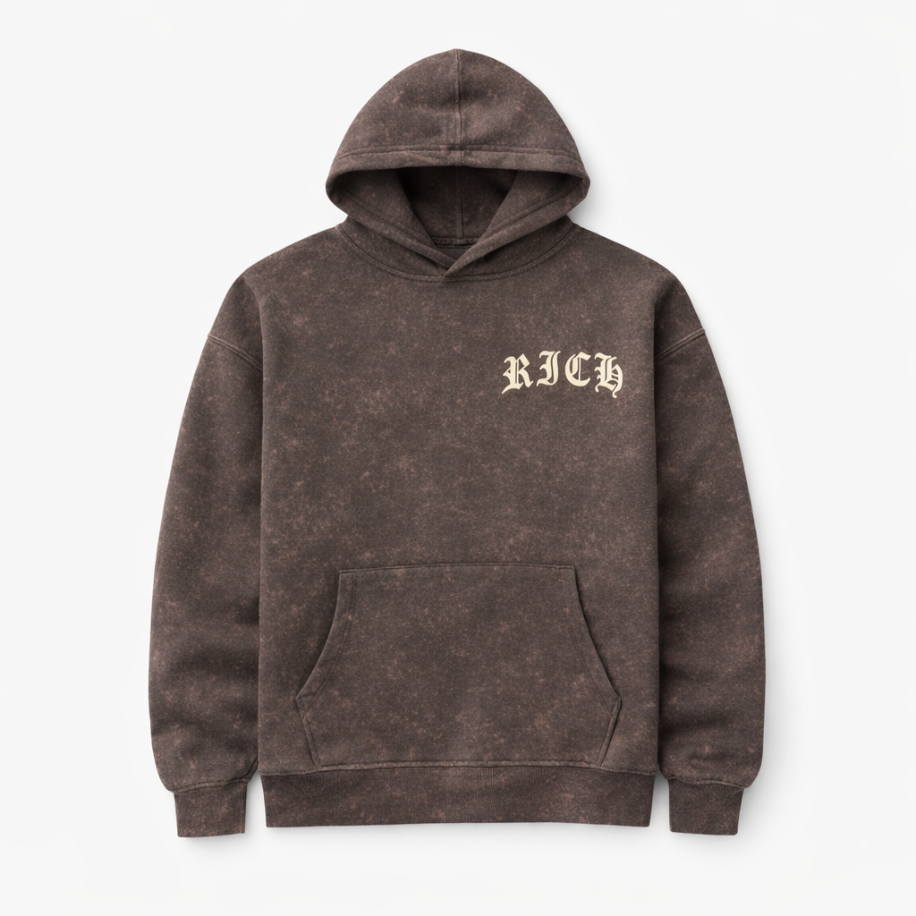 Brown hoodie with 'RICH' text on a white background