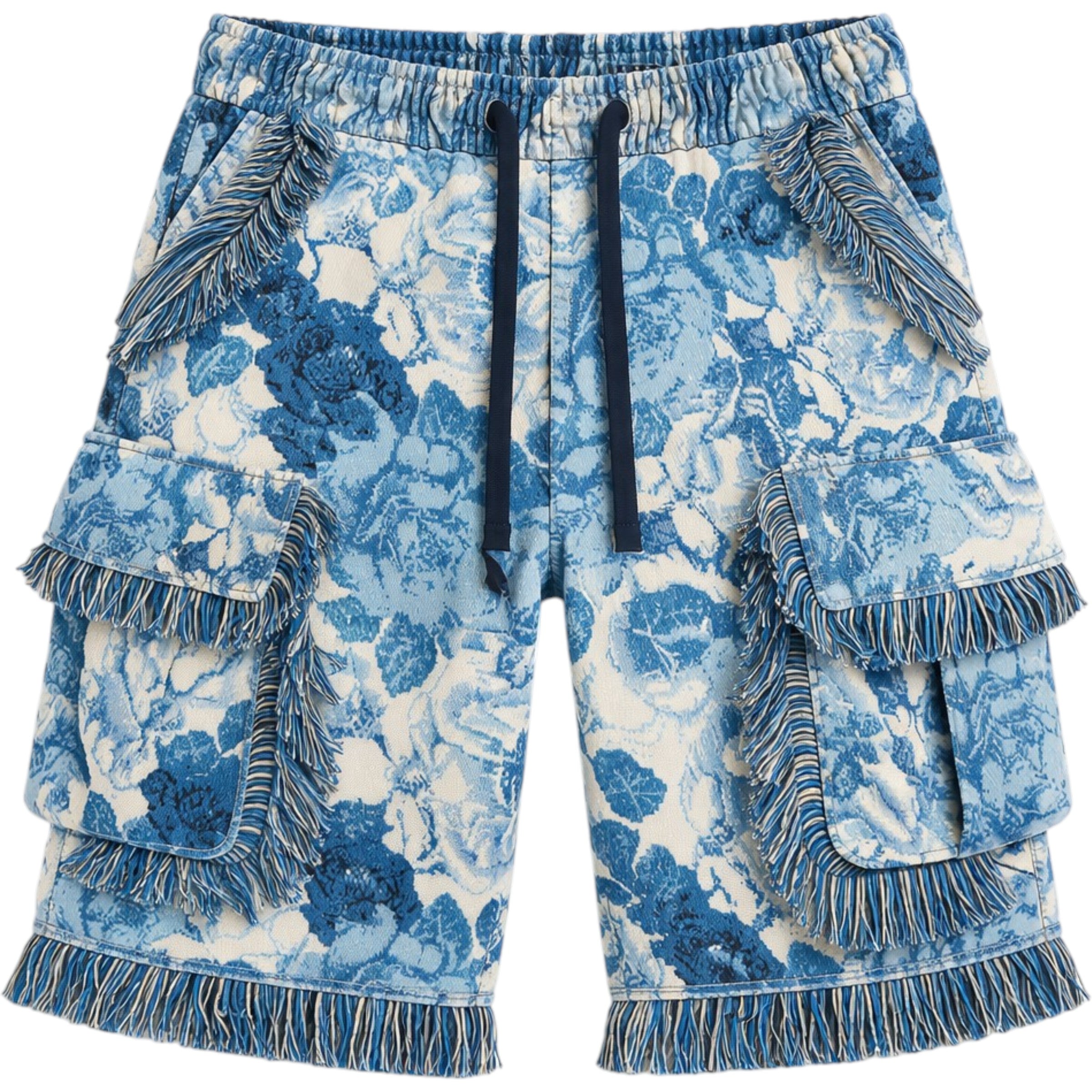 Blue floral shorts with fringe details on a white background