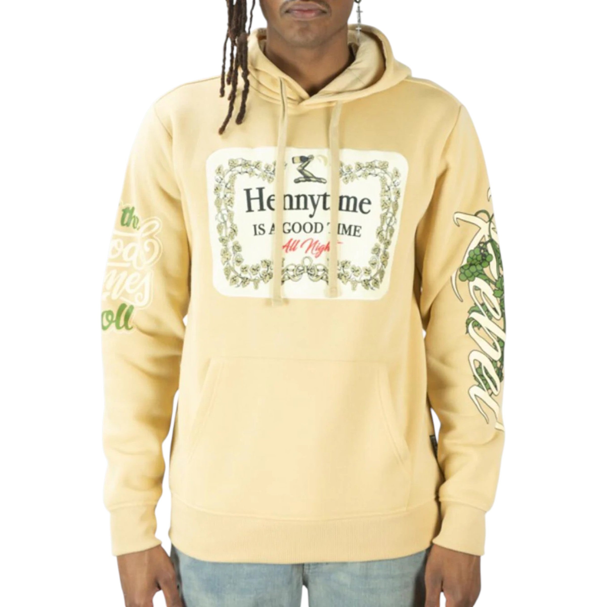 Beige hoodie with text and graphics on a white background