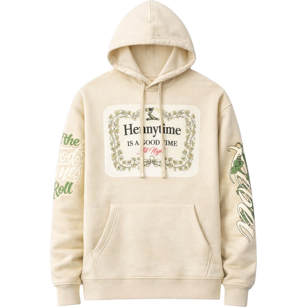 Beige hoodie with graphic design on a white background