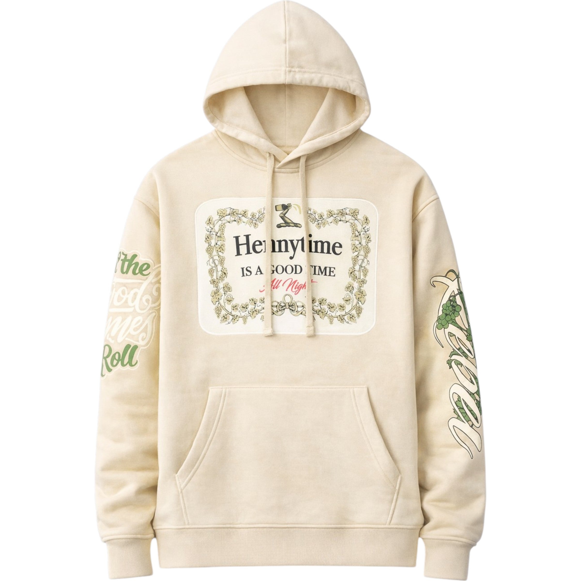 Beige hoodie with graphic design on a white background