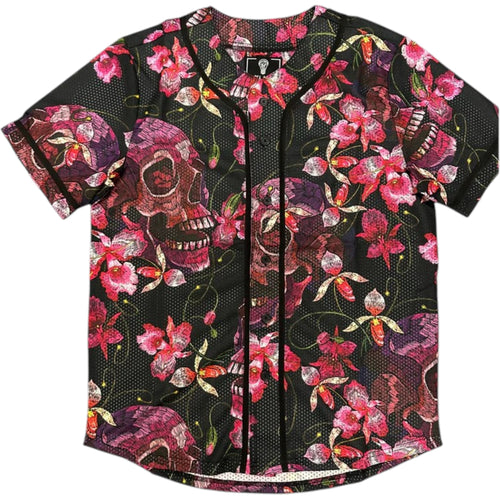 Baseball jersey with skull and floral pattern on a black background
