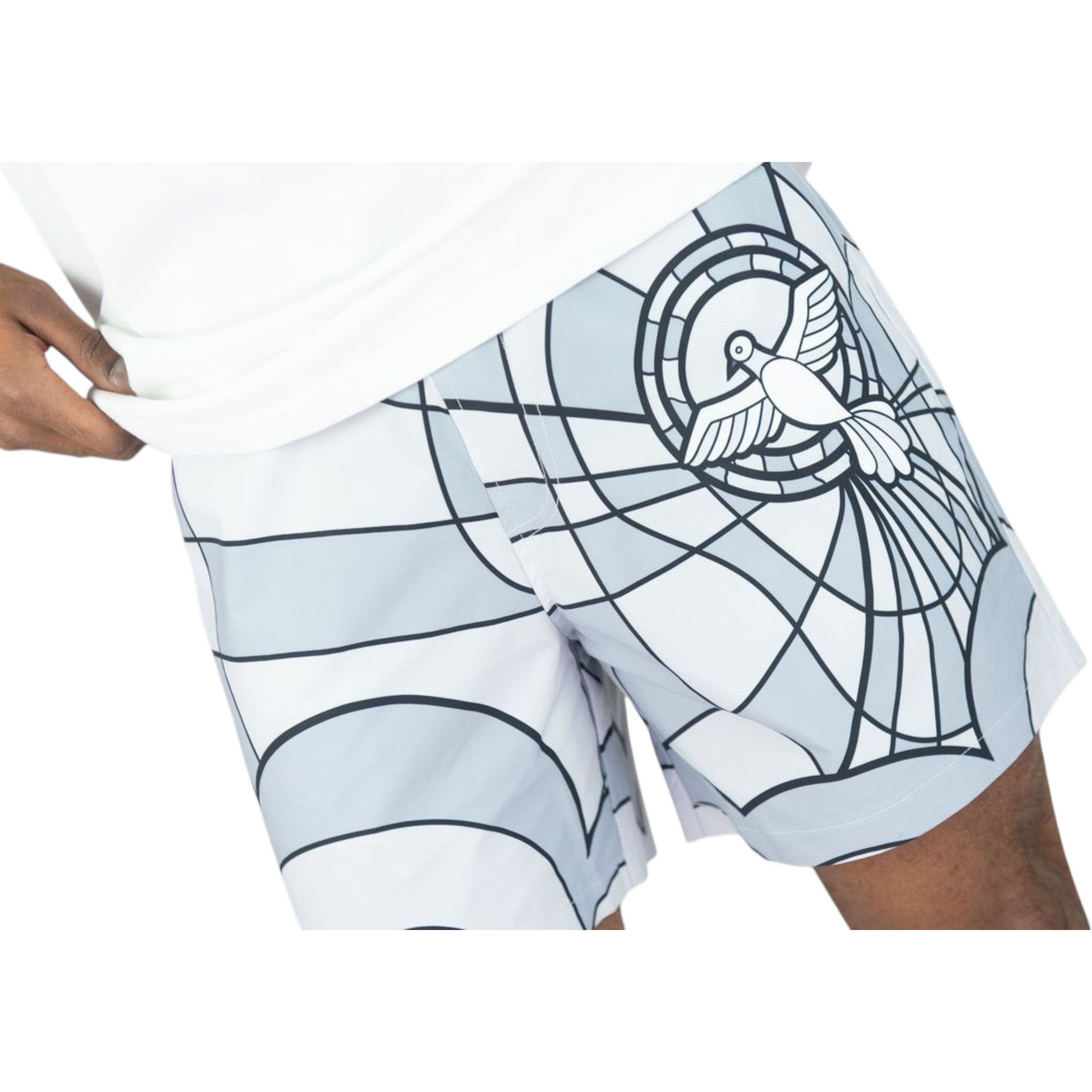 Shorts with a geometric design featuring a bird and spider web on a white background mens board shorts