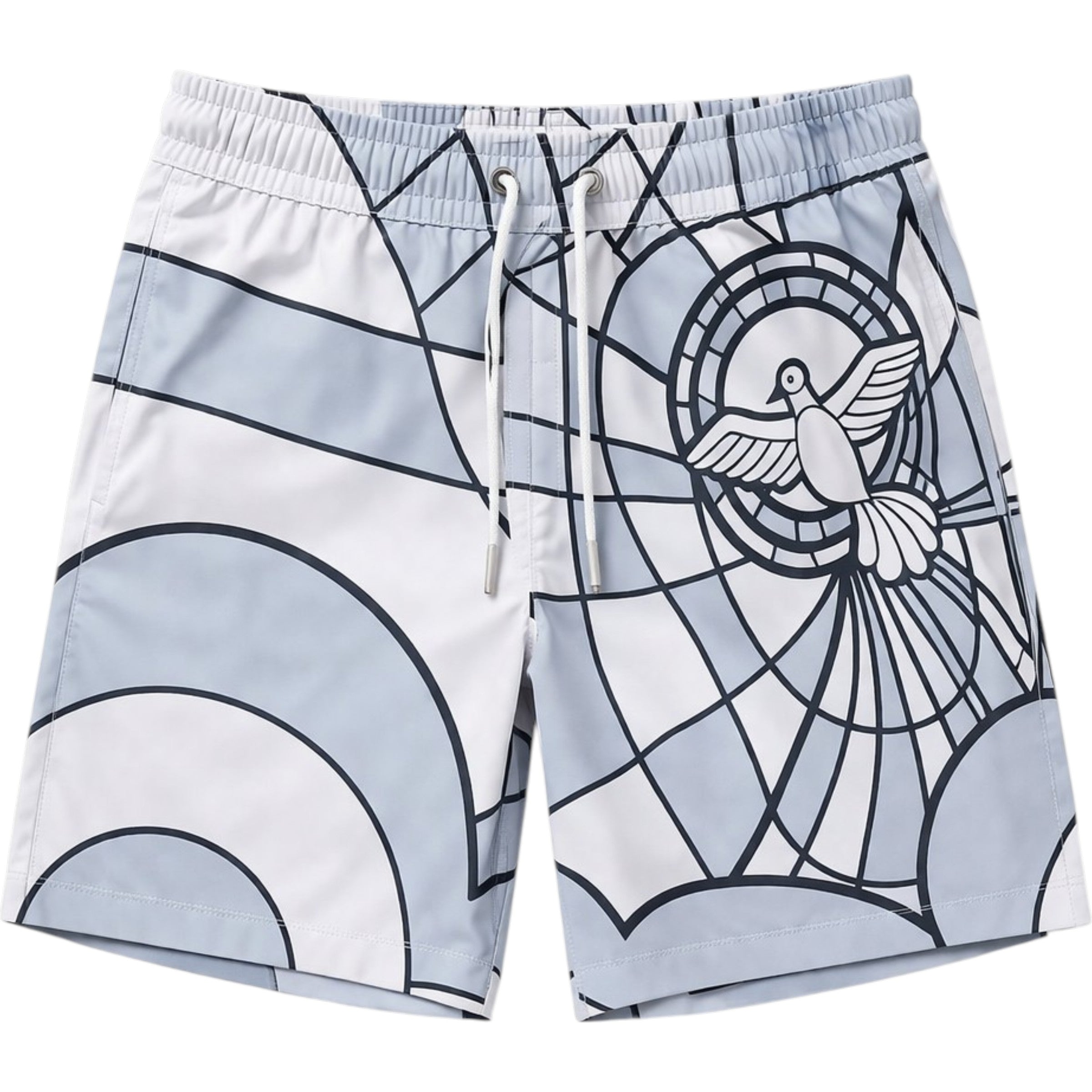 Swim shorts with a bird and abstract design on a white background