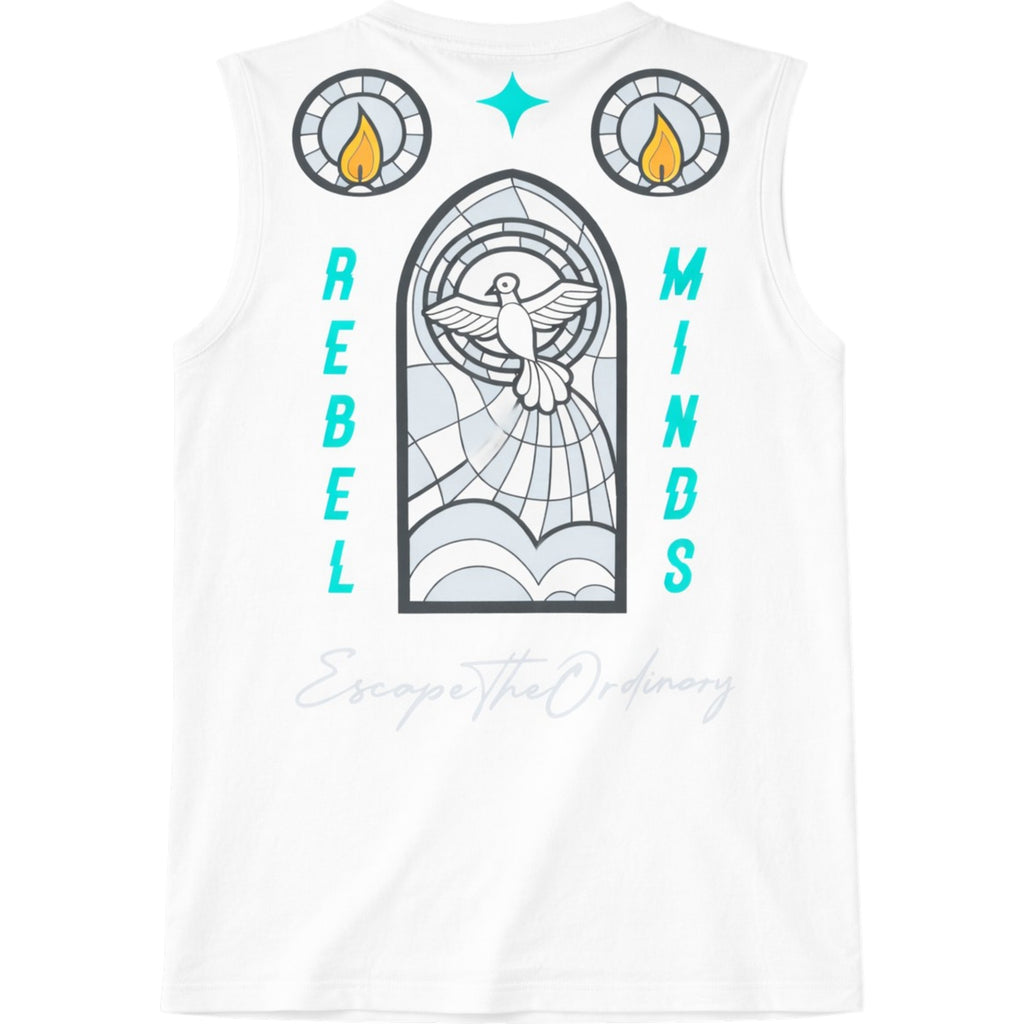 White tank top with a stained glass design and text on a white background