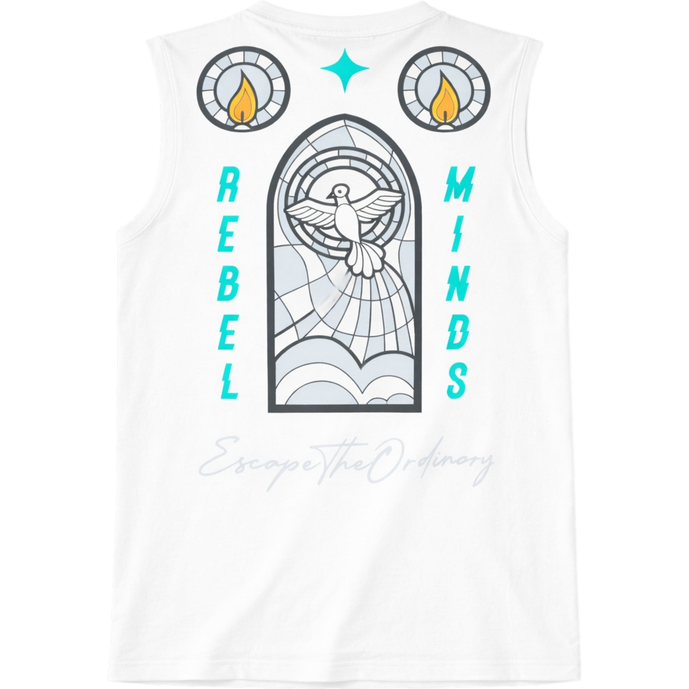 White tank top with a stained glass design and text on a white background