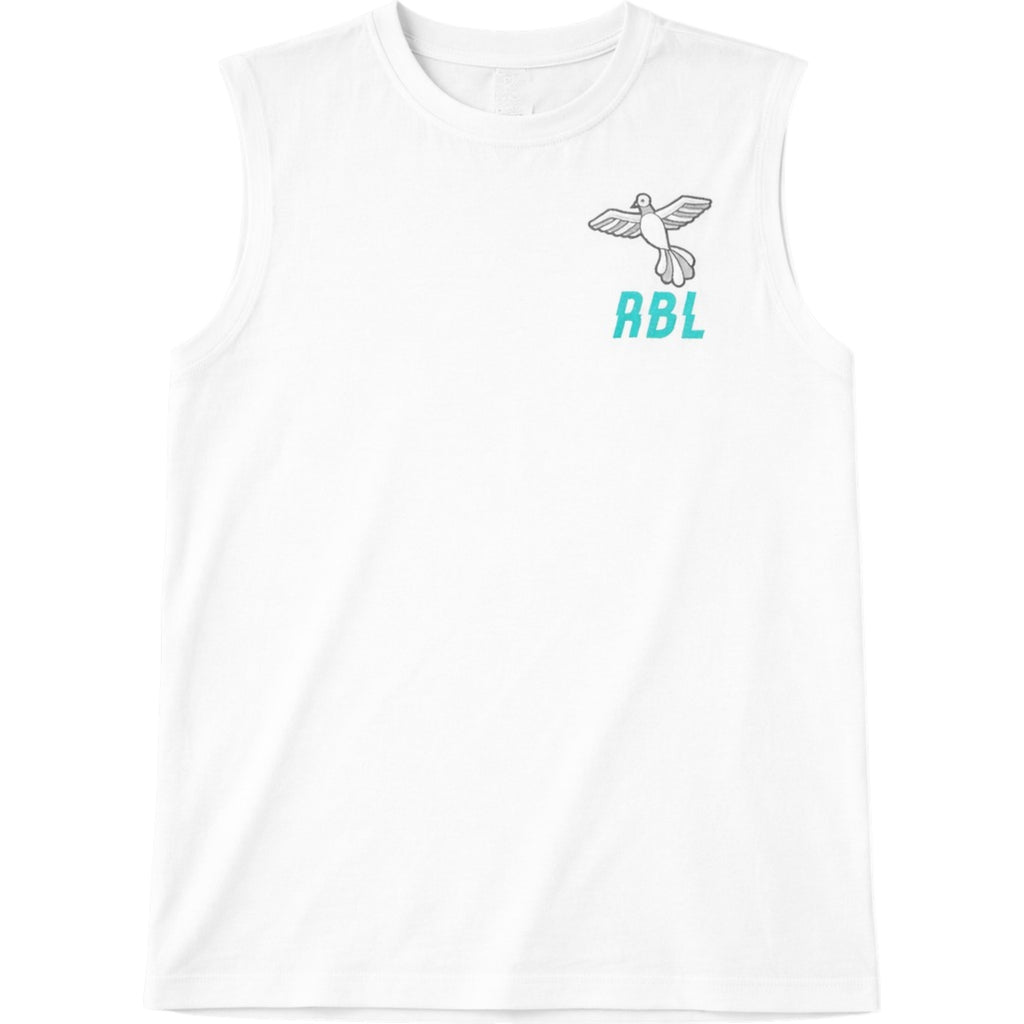 White sleeveless shirt with a logo and 'ABL' text on a white background cropped stacked 