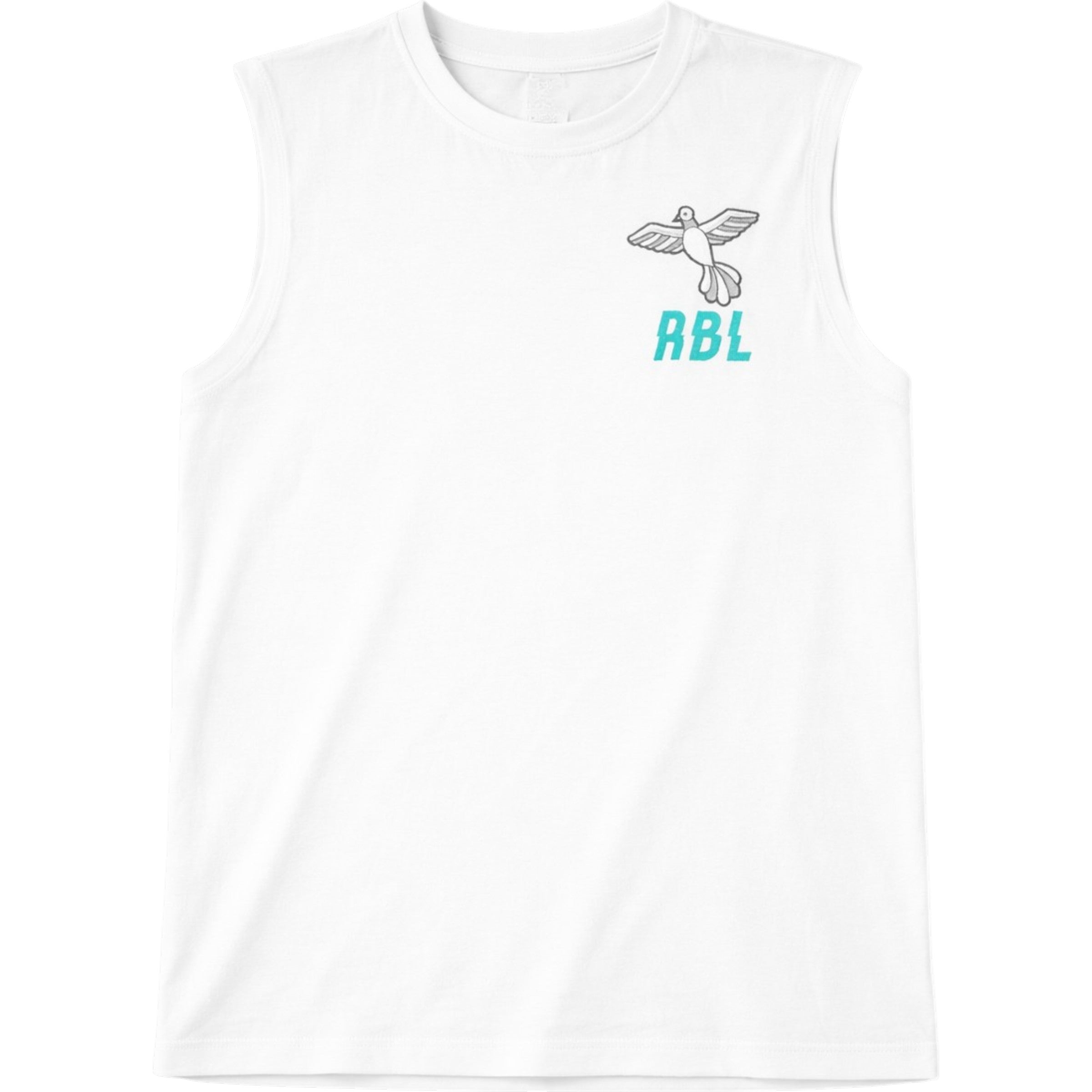 White sleeveless shirt with a logo and 'ABL' text on a white background cropped stacked 