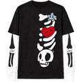 Black t-shirt with skeleton design featuring a heart and skull on a white background
