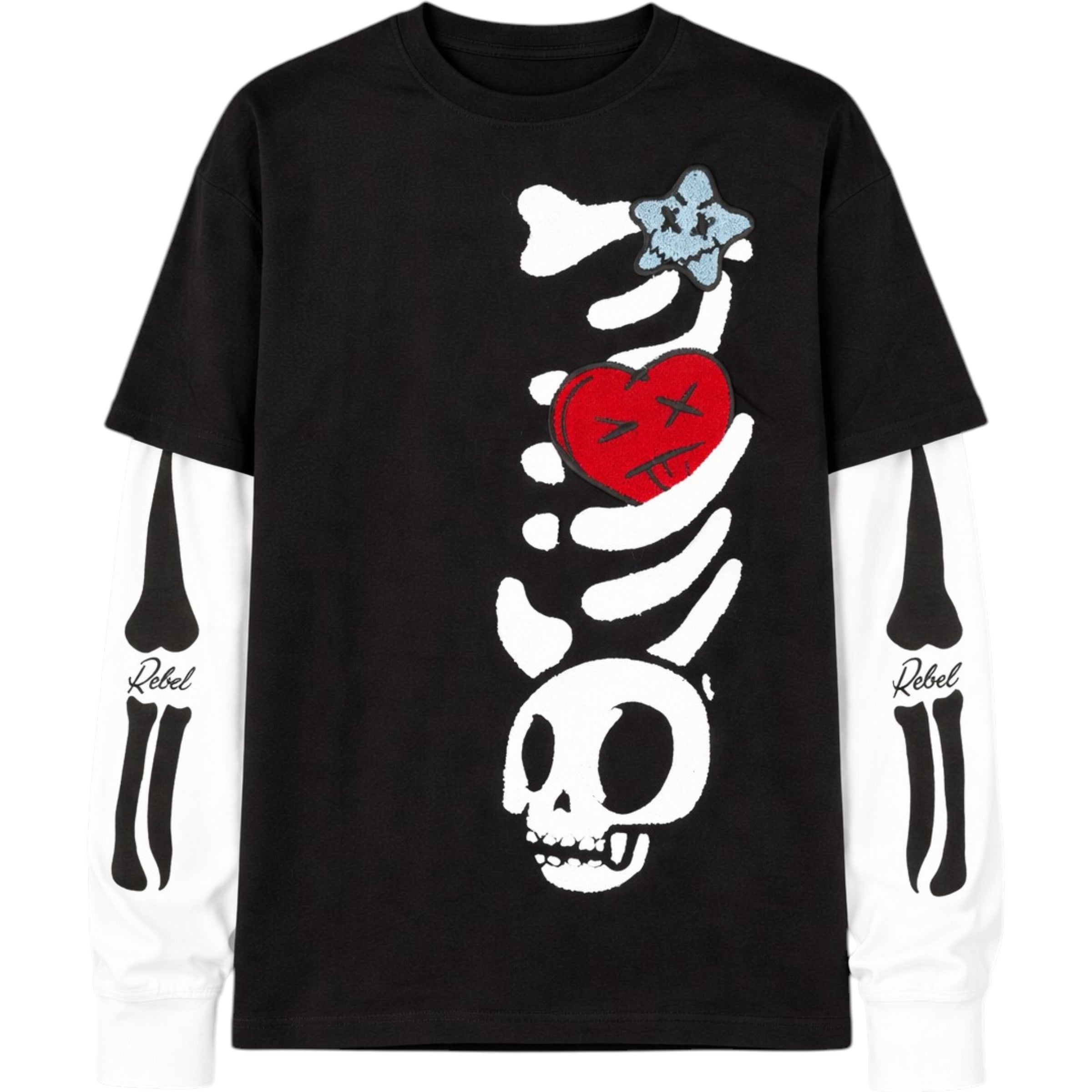 Black t-shirt with skeleton design featuring a heart and skull on a white background