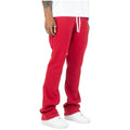 Red sweatpants worn by a person on a white background